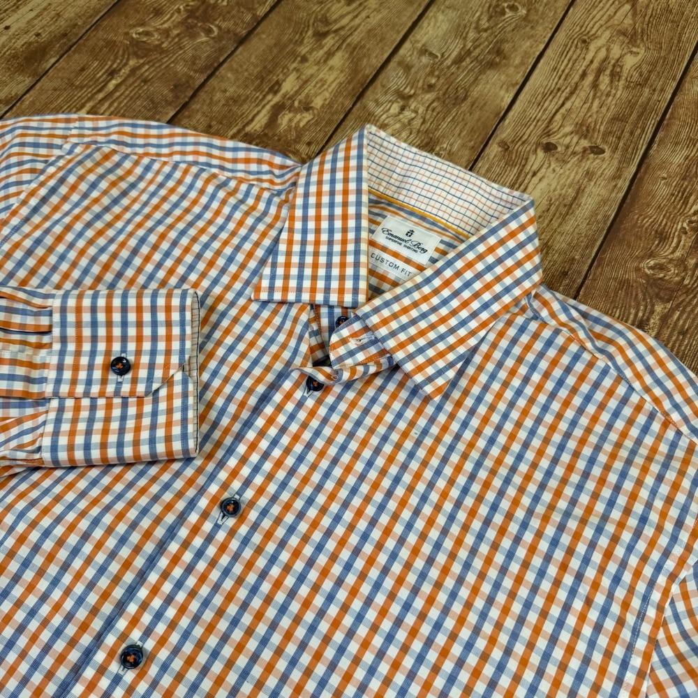 Emanuel Berg Custom Fit Button Up Shirt Mens 16.5 Orange Blue Check Cotton